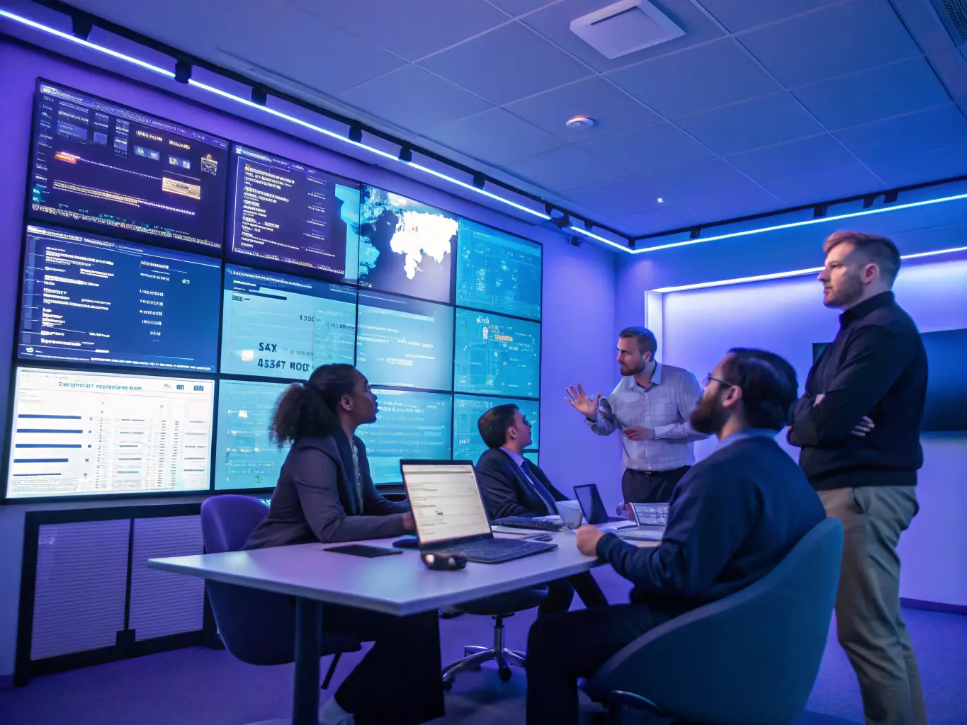 A cybersecurity expert presenting a detailed incident response plan to a team in a conference room, using a whiteboard to illustrate key steps and communication strategies.