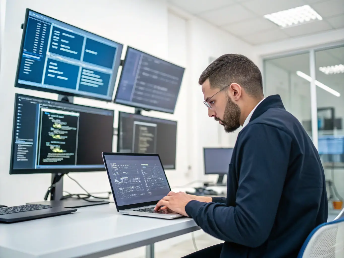 A focused cybersecurity professional is deeply engaged in a hands-on ethical hacking training session, using Kali Linux on a laptop, set against a backdrop of a modern cybersecurity lab with network diagrams and security appliances.