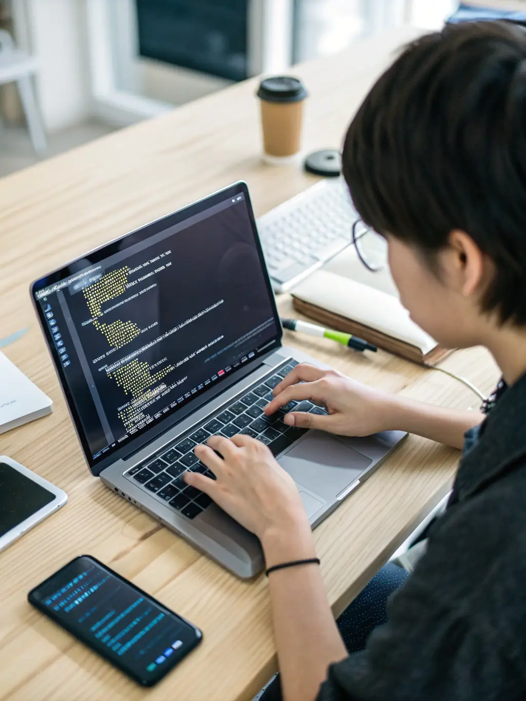 A close-up of a student's hands typing code during a cybersecurity training exercise, highlighting hands-on learning.