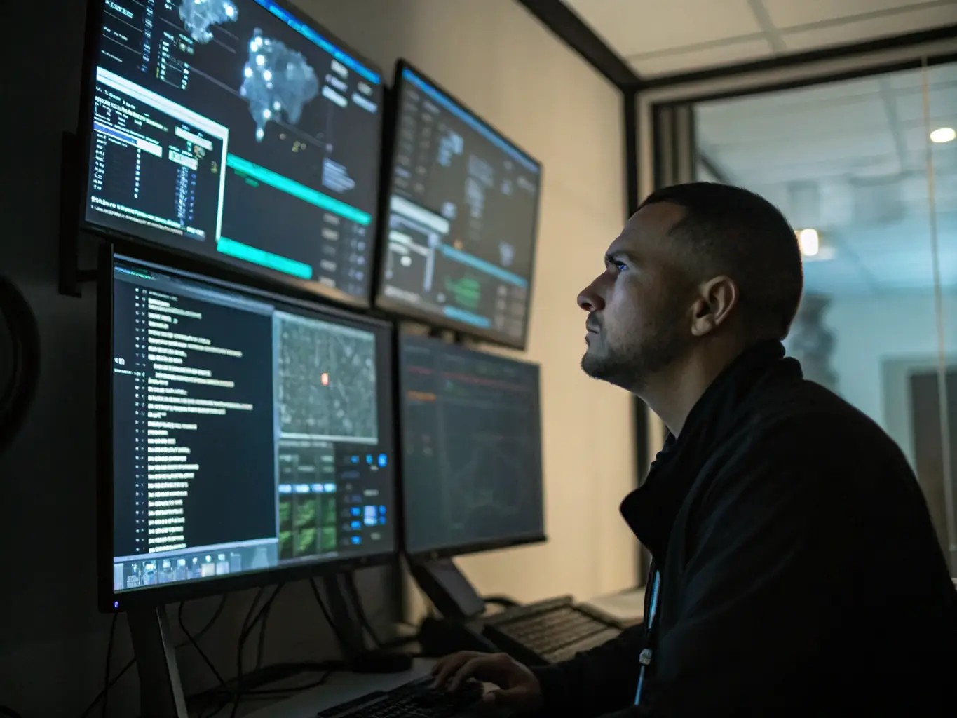 A network security professional analyzing network traffic on a large monitor in a high-tech security operations center, with multiple screens displaying real-time security data.
