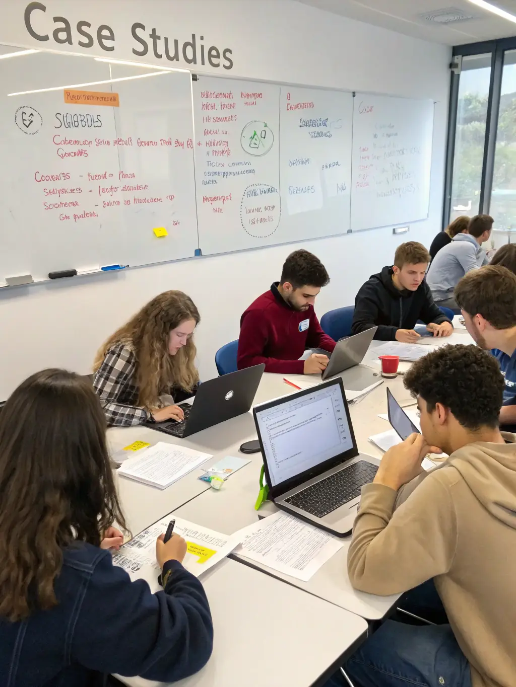 A diverse group of students collaborating on a cybersecurity project, emphasizing teamwork and knowledge sharing.