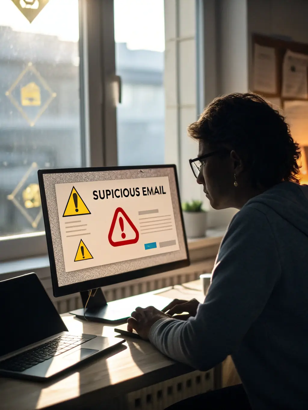 A simulated phishing email on a computer screen, with a user about to click on a suspicious link, illustrating social engineering vulnerabilities.