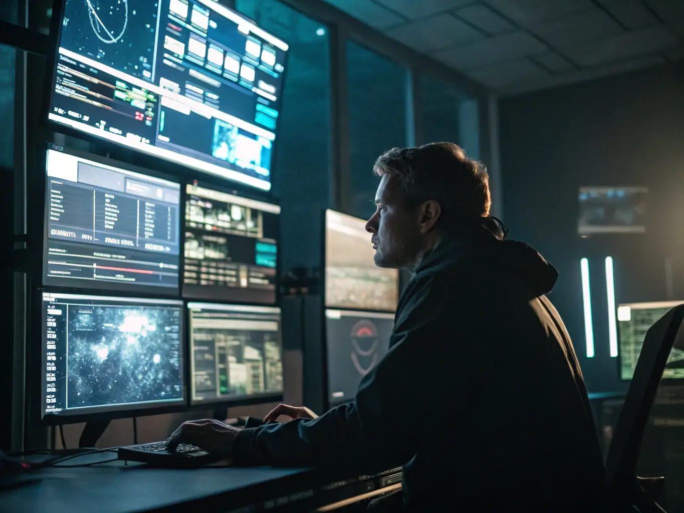 A cybersecurity analyst is responding to a simulated cyber incident, using threat intelligence platforms and incident response tools, in a high-tech security operations center (SOC) environment.