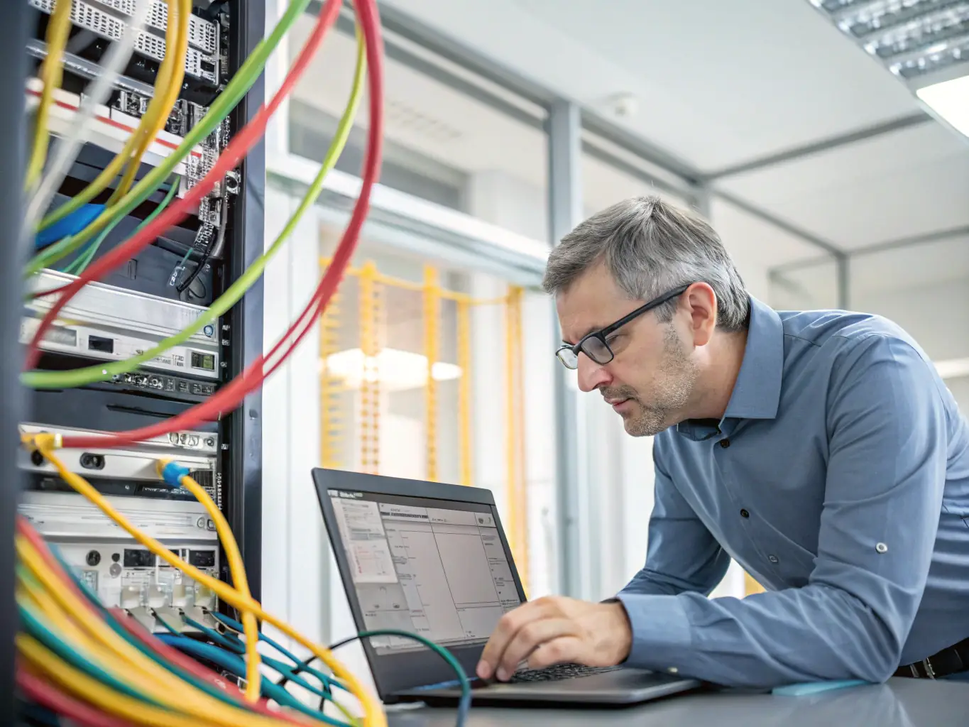 A network security engineer is analyzing network traffic using Wireshark on a computer, with a visual representation of network topology and security protocols displayed on a large monitor in the background.