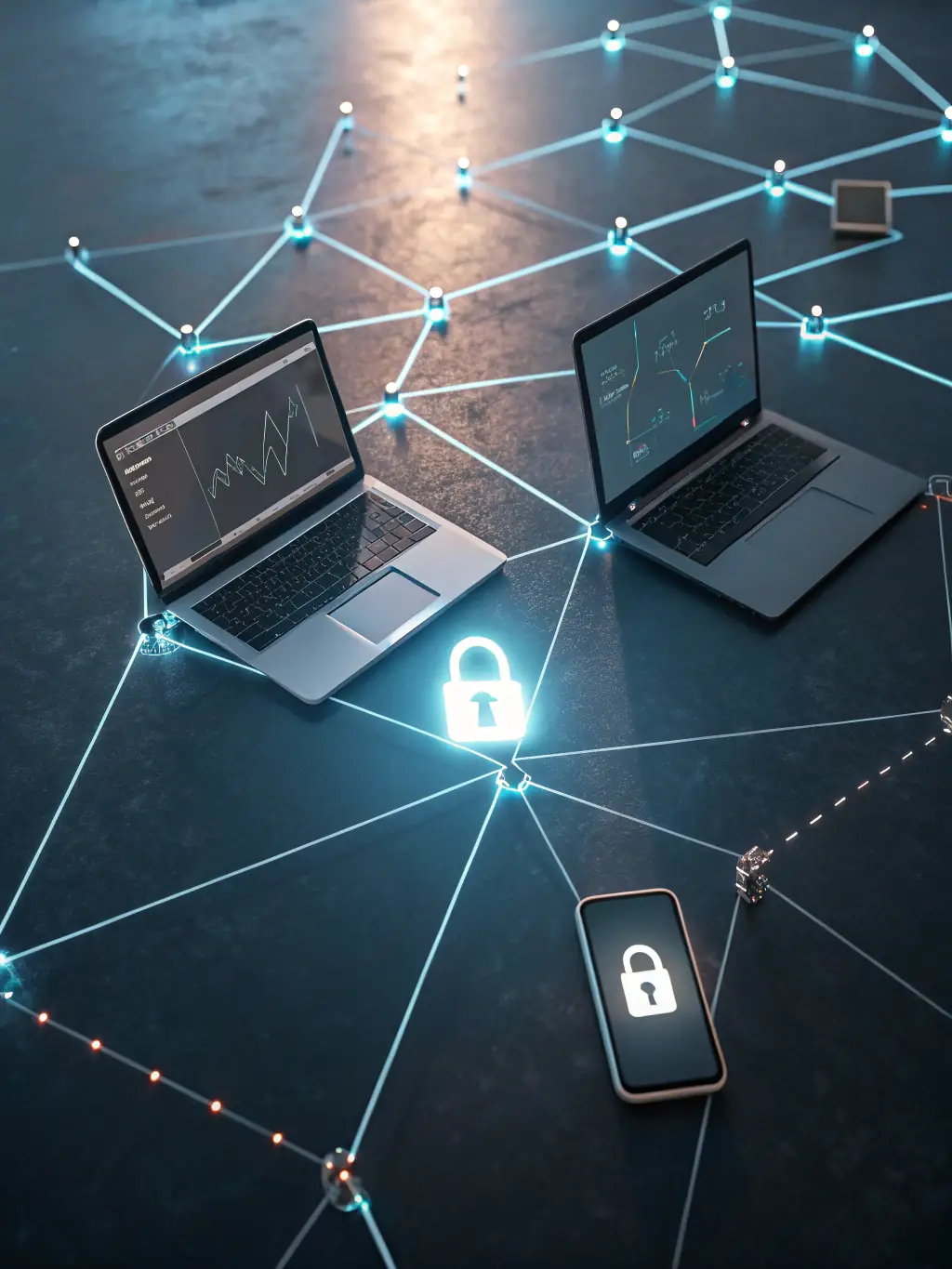 A network diagram with various devices connected, showing data flow and security protocols, representing network security concepts.