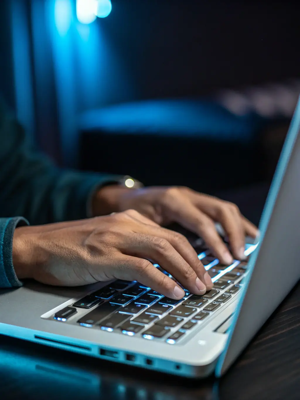 A close-up shot of a person's hands typing rapidly on a laptop keyboard, with lines of code visible on the screen, symbolizing ethical hacking skills.