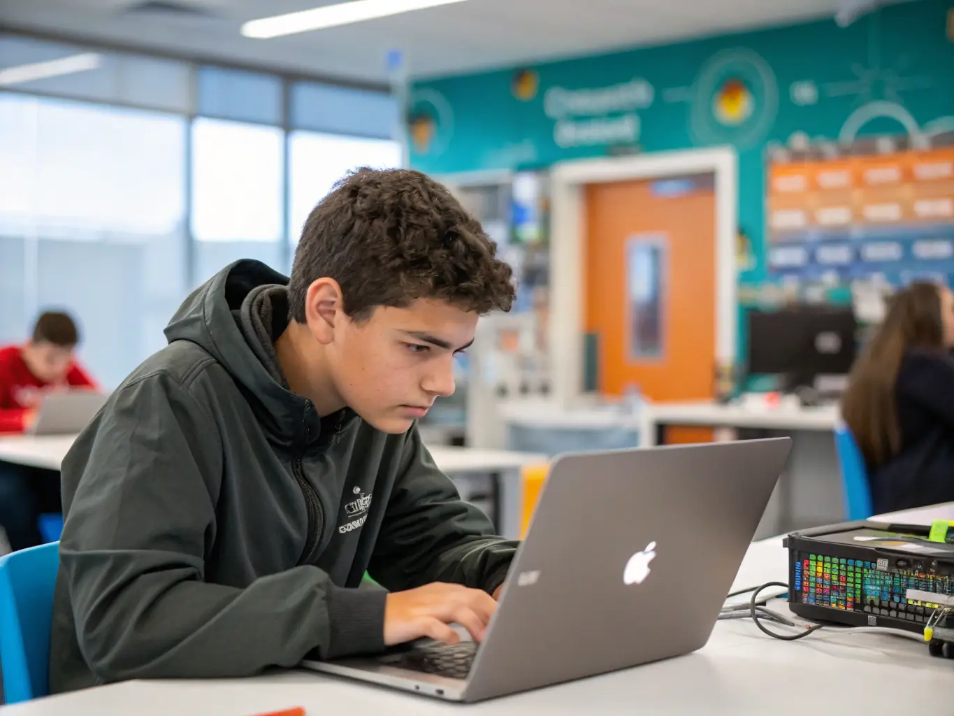 A focused cybersecurity student in a modern classroom setting, deeply engaged in a hands-on ethical hacking exercise, surrounded by monitors displaying complex code and network diagrams.